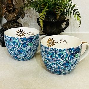 Pair of Lily Pulitzer Signed Floral Ceramic Coffee Tea Mugs "Lion Around”